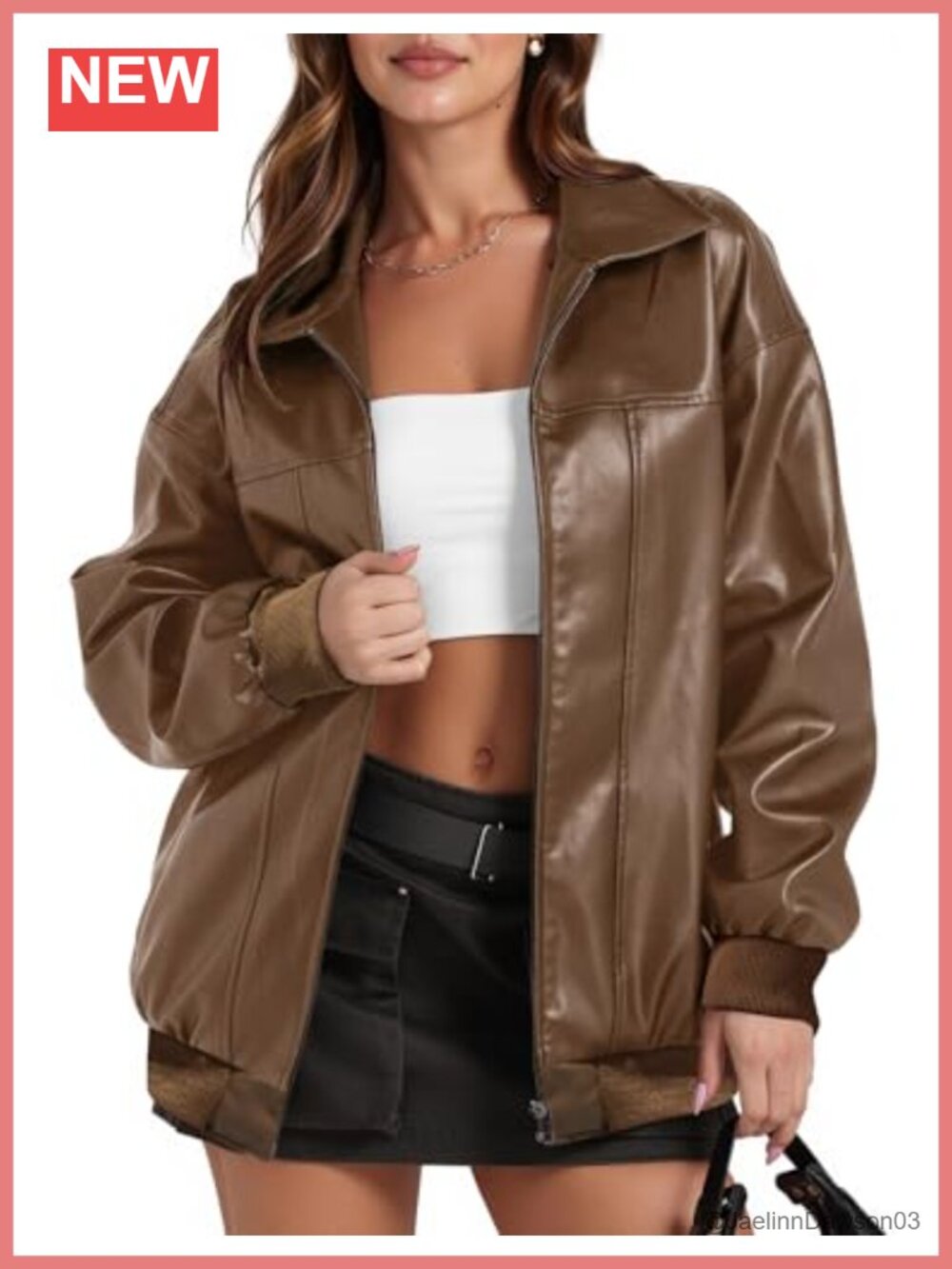 Faux Leather Oversized Bomber Moto Jacket Fall Winter Coat with Pockets